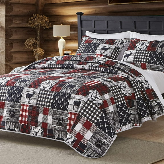 Cabin Quilt Set King, Christmas Rustic Quilt Coverlet Bed Set, 3-Piece Lightweight Reversible All Season Quilt Set, Lodge Bedspread Quilt with 2 Shams