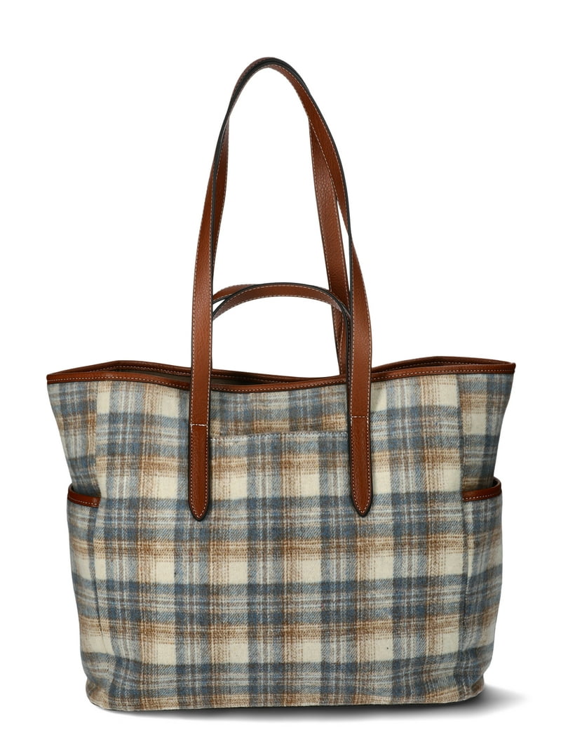 Time and Tru Women's Plaid Double Handle Large Tote Bag, Brown