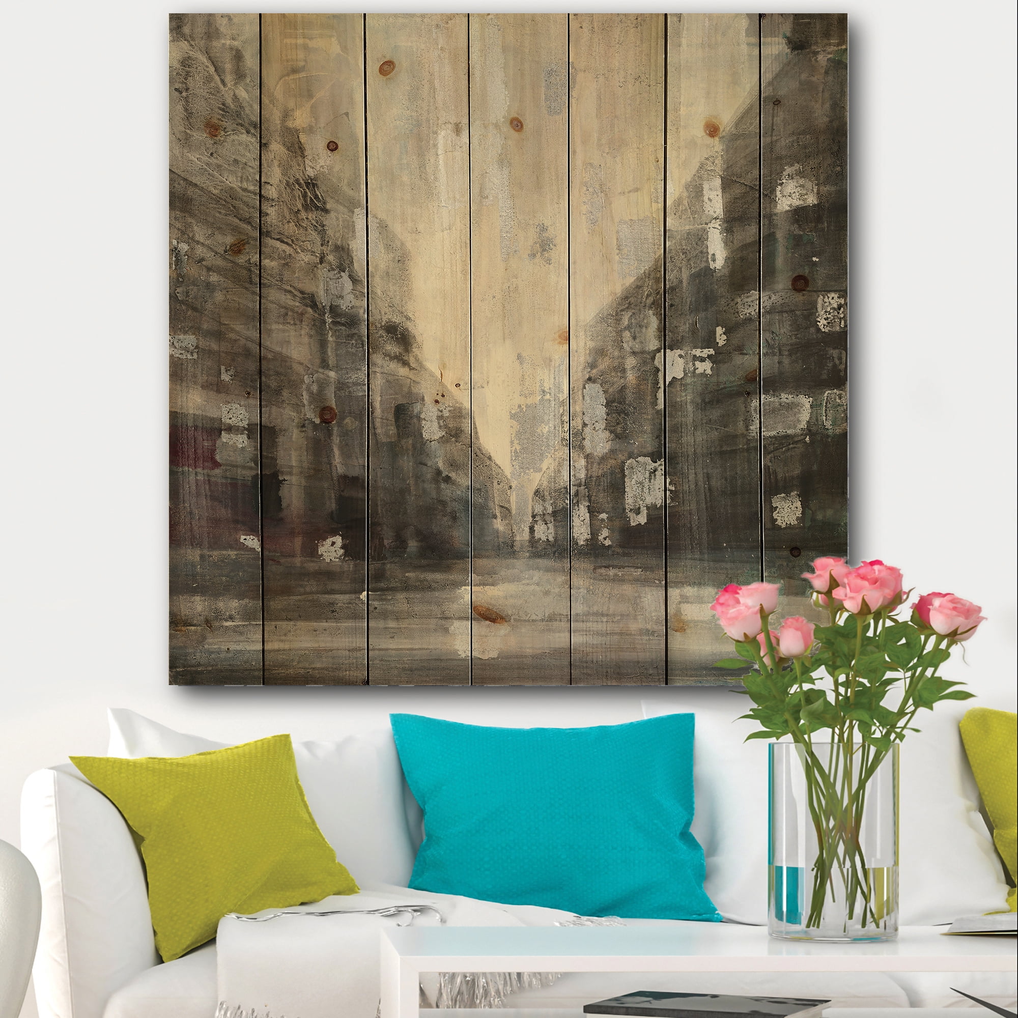 Designart 'Black and White Handpainted Cityscape' Traditional Print on Natural Pine Wood