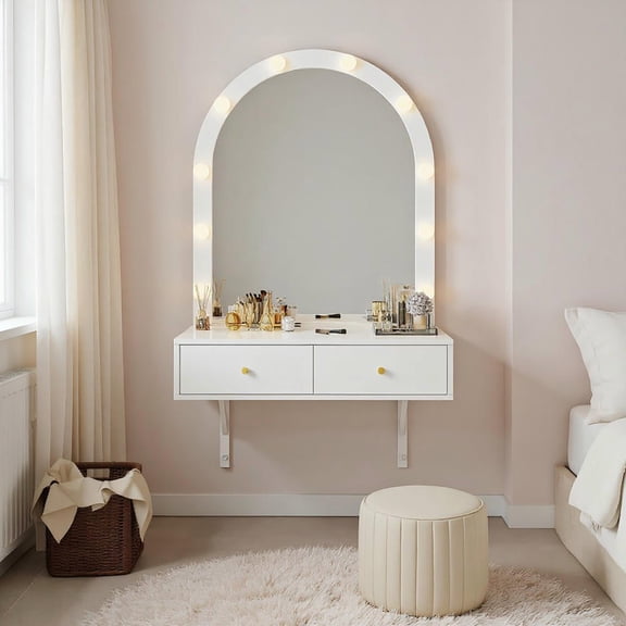 Resenkos Floating Makeup Vanity Desk with Mirror & 3-Color Lights, Wall Dressing Table with Power Outlet, Compact vanity, Large Storage, White