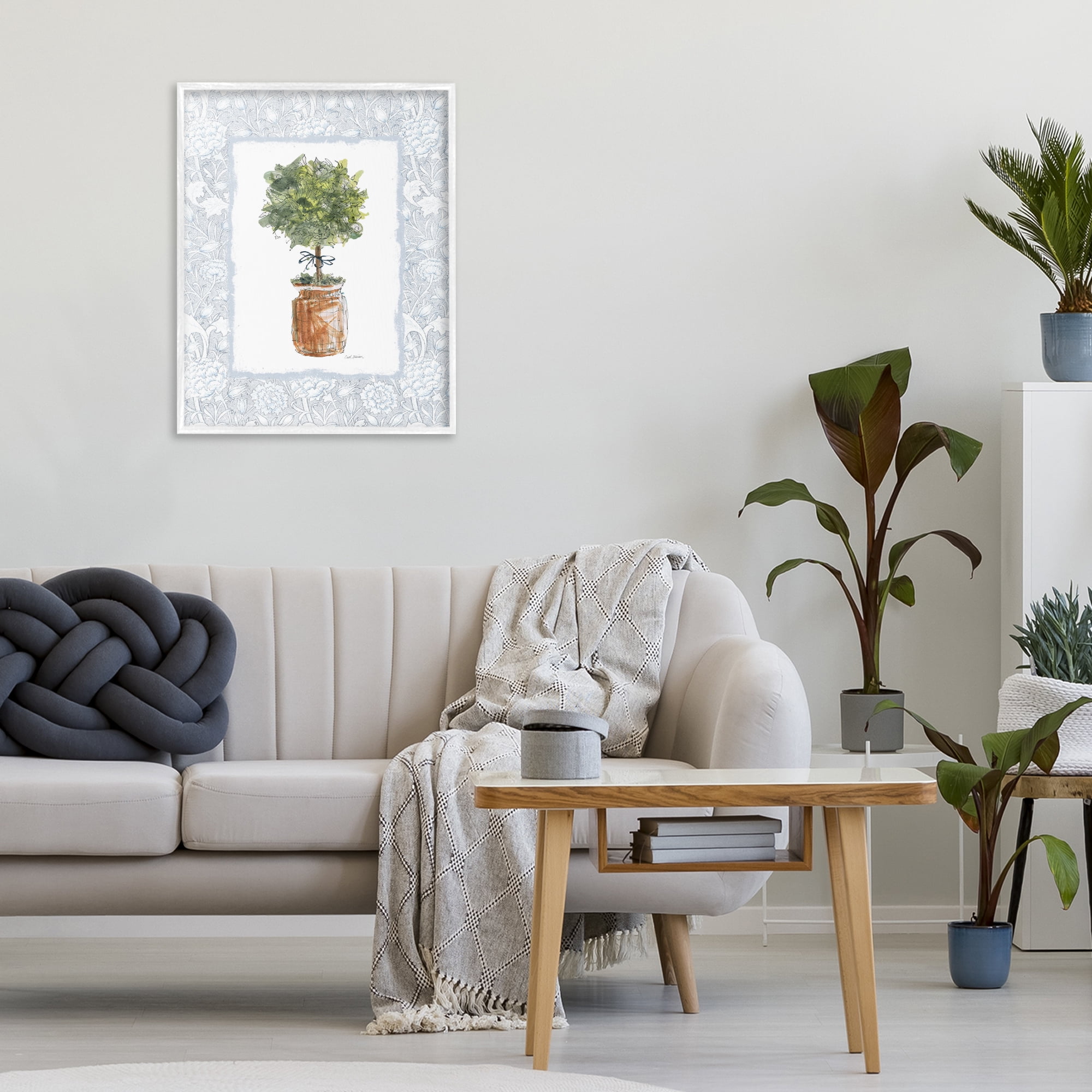 Stupell Industries Potted Topiary with Ribbon White Framed Giclee Art, design by Carol Robinson