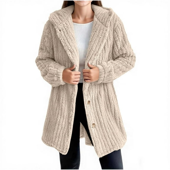 NAISIBABY Big Girls Fleece Jacket(9-15T), Button-Up Long Sleeve Mid Length Winter Thick Warm Hooded Fuzzy Outerwear Beige 14T