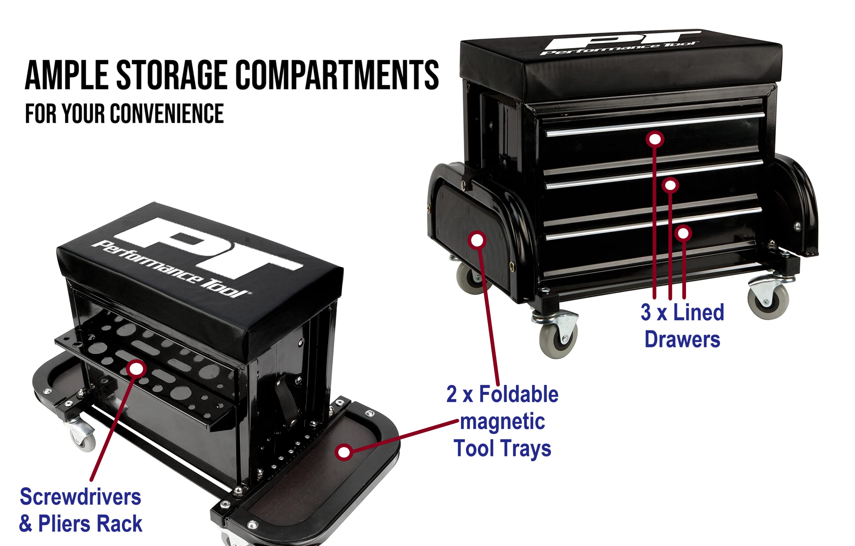 Performance Tool W85025 Creeper Seat with 3 Drawer Tool Box and Trays