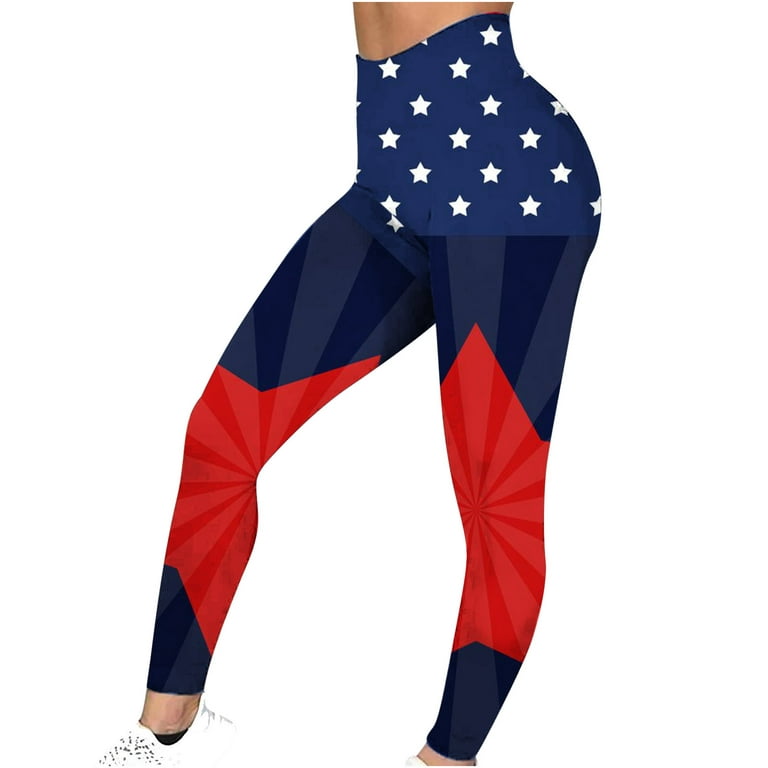 Gaecuw July 4th Spandex Leggings for Women Fashion Stretch Leggings Fitness  Running Gym Sports Full Length Active Pants Red White Blue Fourth of July