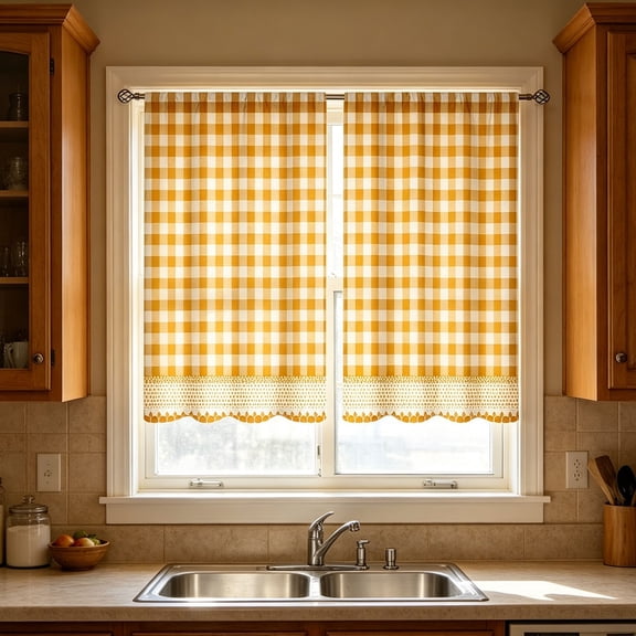 Mustard Yellow White Gingham Lace Hem Kitchen Curtain,Short Panel Window Valance for Sink,Breakfast Nook,Home Decor