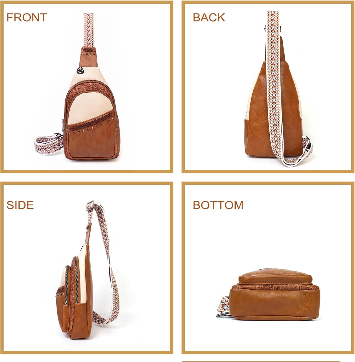 Sling Bag Crossbody Bags for women, Vintage Leather Fanny Pack for Men with Zipper, Adjustable Guitar Strap Anti Theft Crossbody Purse Travel(Brown)