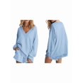 thumbnail image 3 of Womens V Neck 2 Piece Outfits Casual Loose Fit Long Sleeve Top and High Waisted Shorts Lounge Sets Light Blue M, 3 of 6