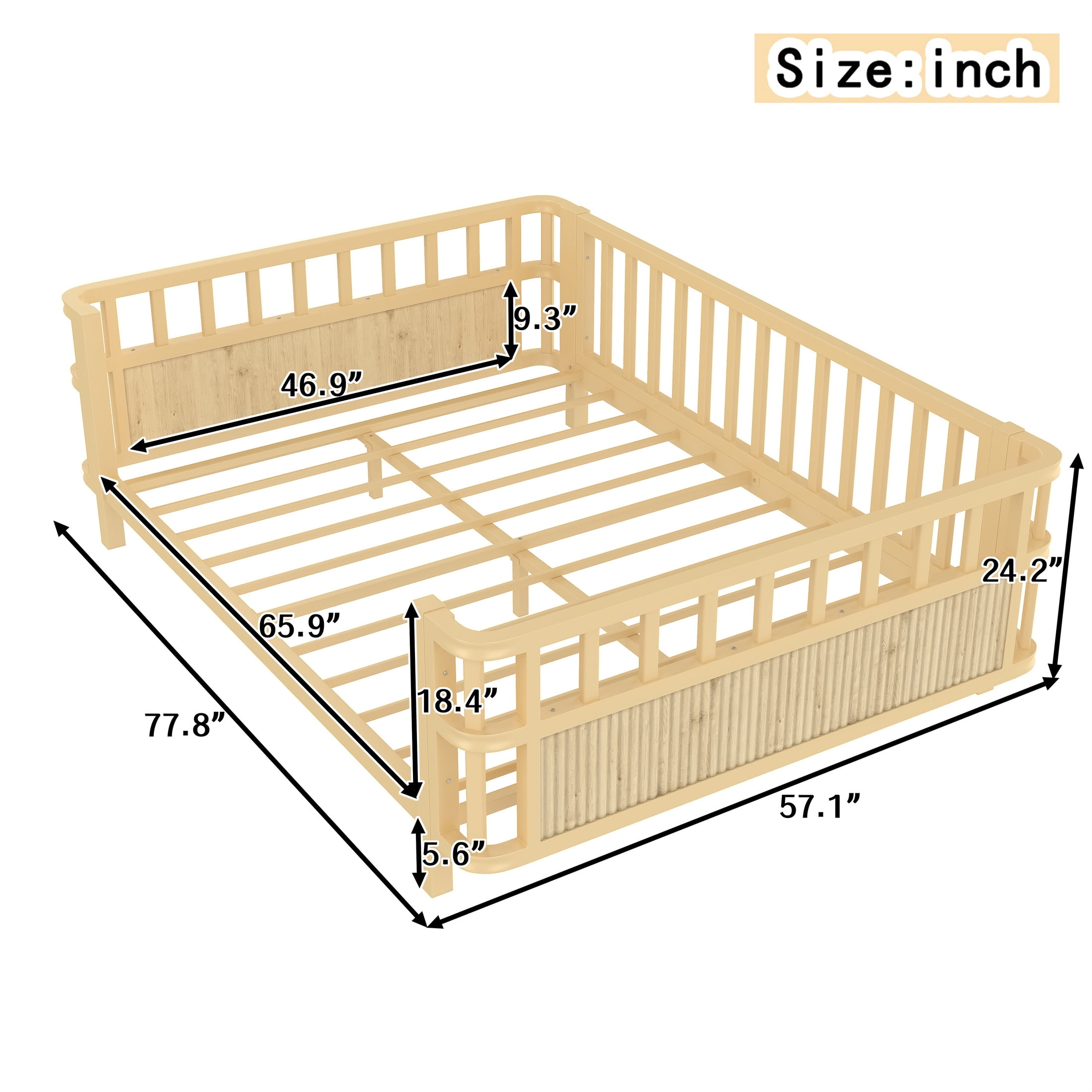 Noble House Full Size Kids Platform Bed Frame with Three-Sided Safety Guardrails, Removable Rail, Natural