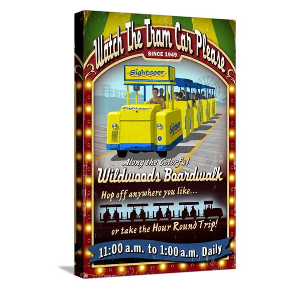 Art.com Wildwood, New Jersey - Tram Car Sign Stretched Canvas Print Wall Art by Lantern Press, 12" x 18"