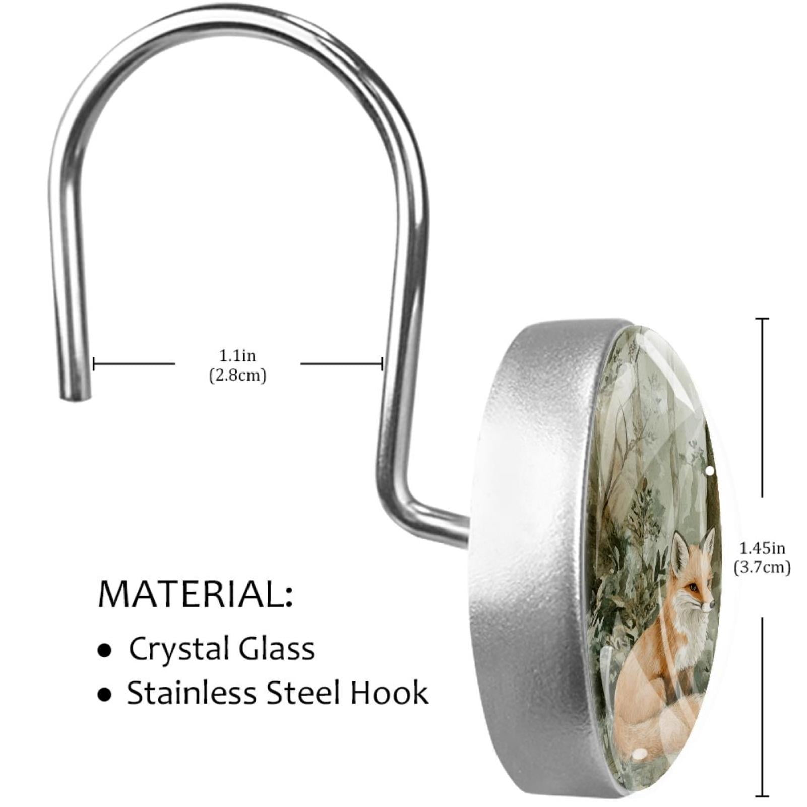 Foxes on Tree Forest Shower Curtain Hooks Round Crystal Glass, Set of 12 Shower Curtain Rings - Shower Hooks for Curtain Shower Rings