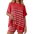 thumbnail image 2 of 2 Pcs Women Striped Outfits Oversized Batwing Short Sleeve Tops High Waisted Shorts Summer Knit Lounge Short Sets, 2 of 6