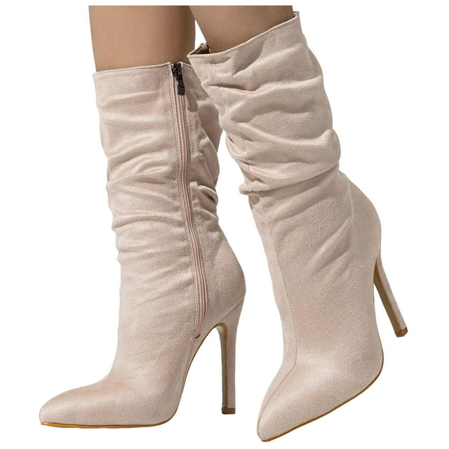 Womens Slouchy Boots 2025 Suede Pointed Toe Side Zipper Stiletto High Heels Mid Calf Boots Winter Fall Short Dress Booties
