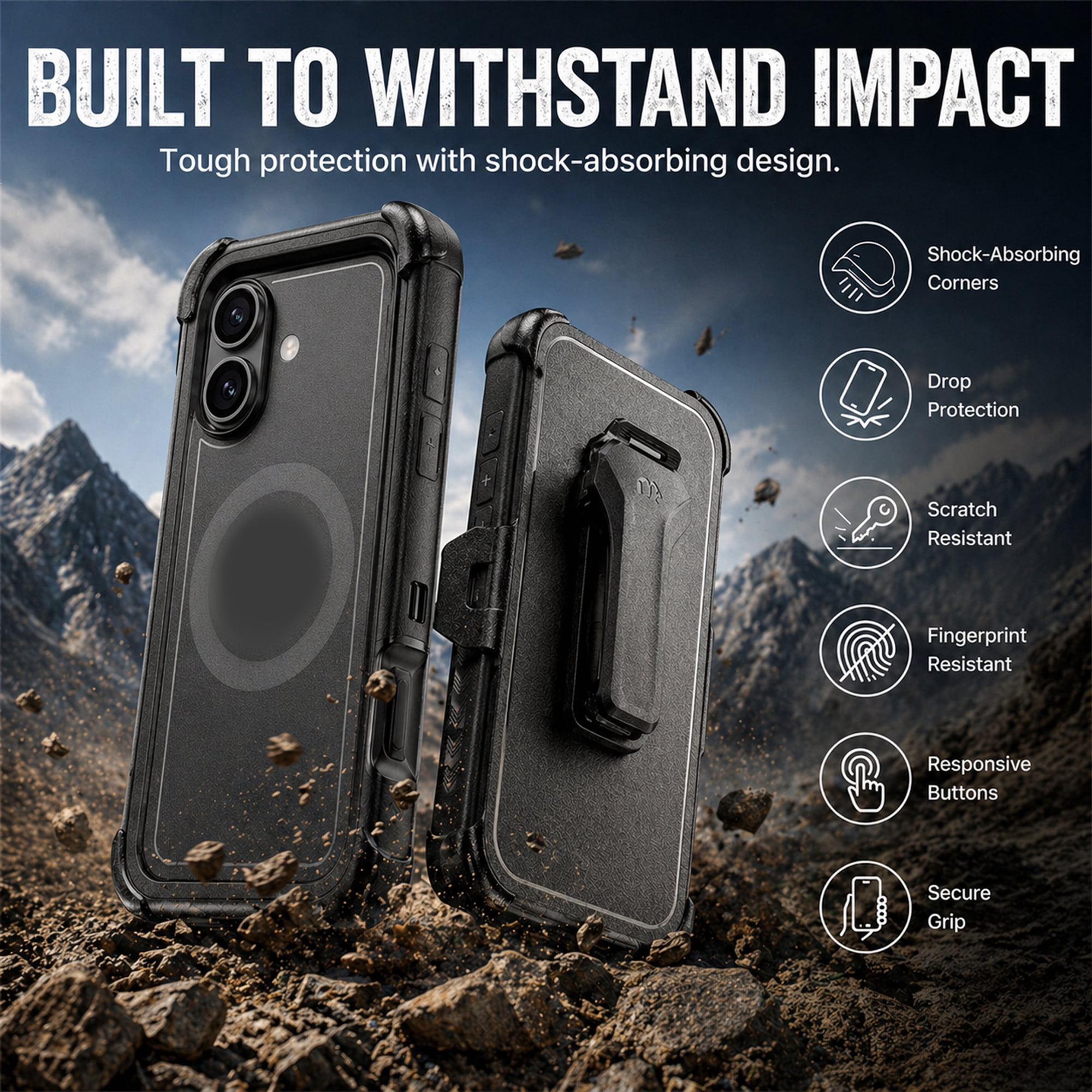 Hybrid Rugged Case with Detachable Belt Clip Holster and Tempered Glass Screen Protector, Magnetic Charging-Compatible, Black, Compatible with iPhone 16