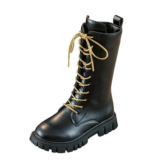 BOBOGOJP Girls Knee High Boots Winter Lace up Zipper Mid Calf Military Boots Fleece Lined PU Leather Goth Sole Boot Fashion Dress Shoes Black for Size 30