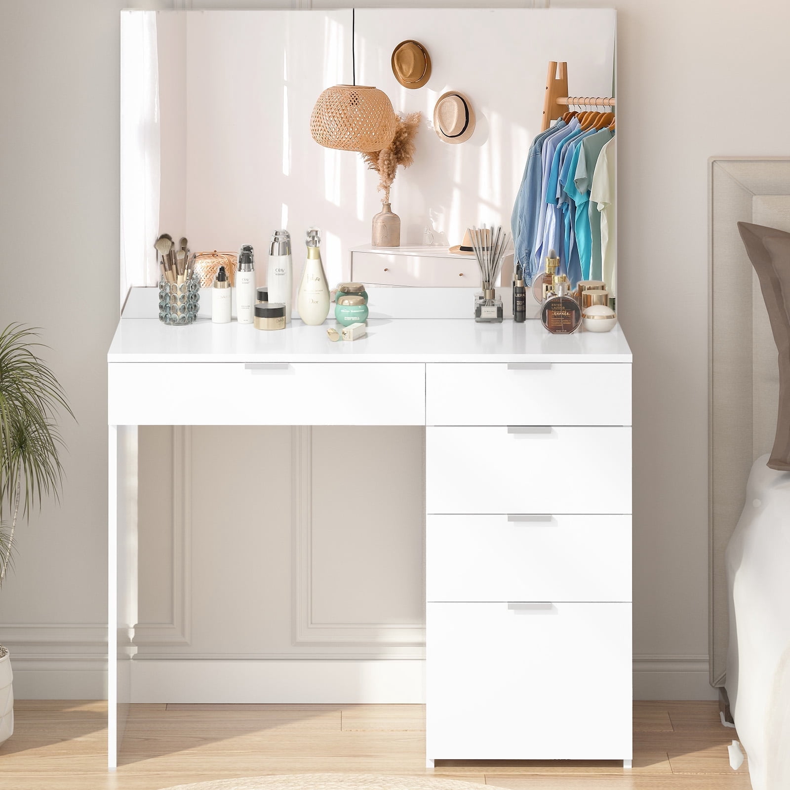 Vebreda Vanity Desk with Large Mirror and 5 Drawers for Bedroom, Dressing Room