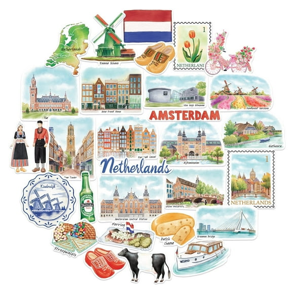 Navy Peony Artistic Netherlands Travel Stickers (29pcs) - Watercolor, Waterproof Decals