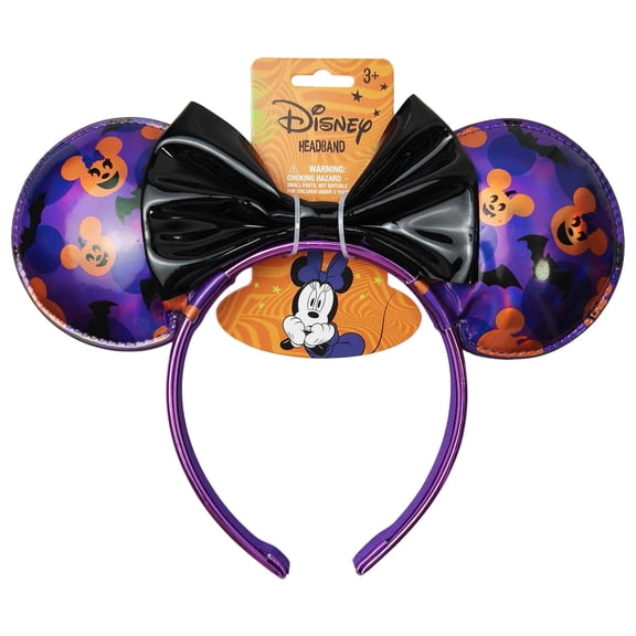 Disney Minnie Mouse Halloween Purple Metallic Pumpkin & Bat Ears with Black Faux Leather Bow for Adults