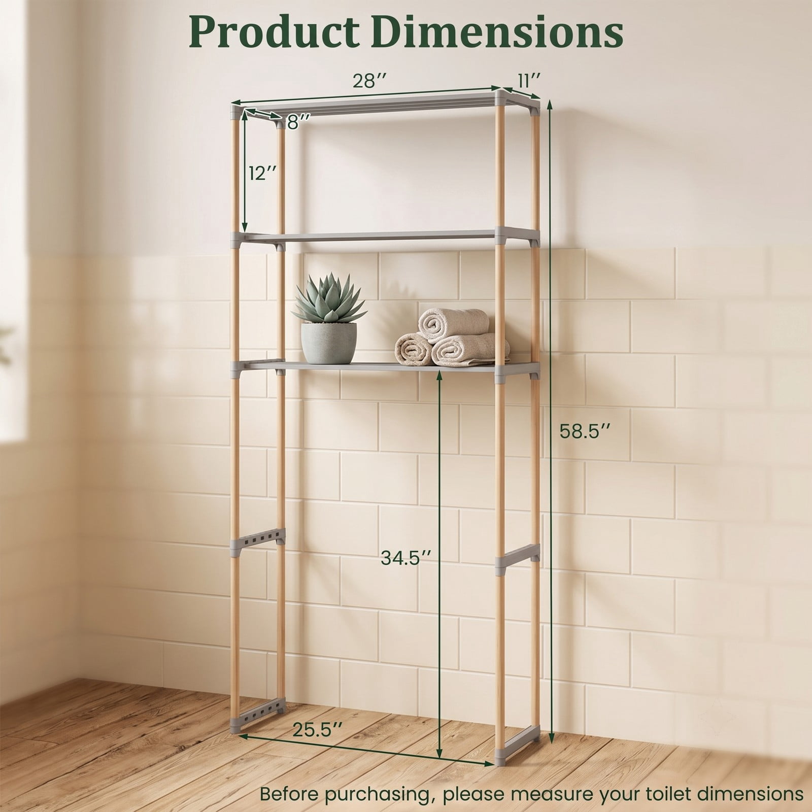 ALPULON Multi-Tier Over the Toilet Storage Rack with Open Shelves and Solid Pine Wood Frame for Bathroom and Laundry Room, Natural and Gray