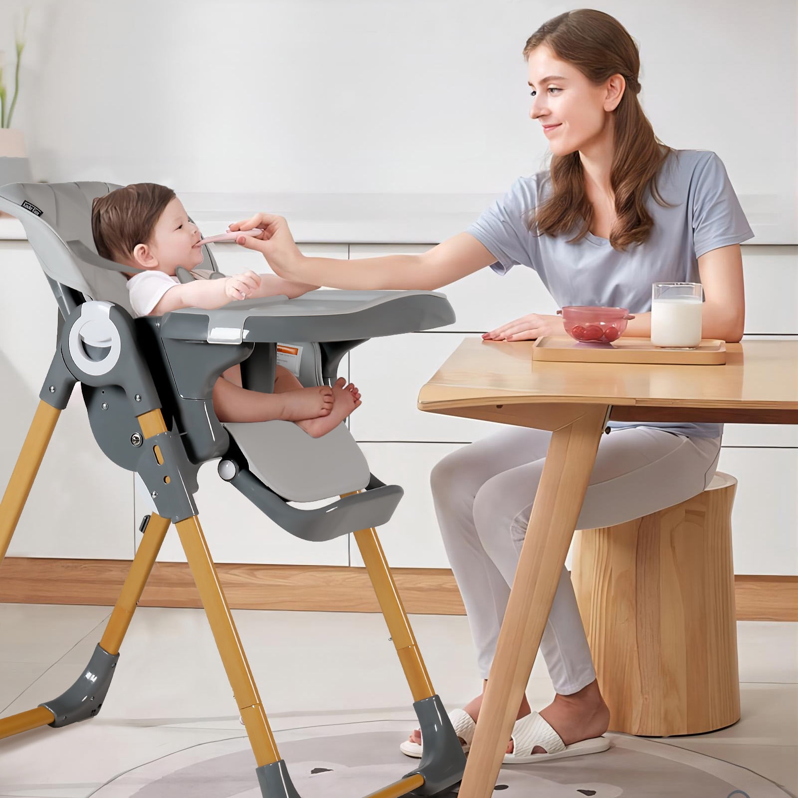 AILEEKISS Foldable High Chair – Detachable Double Trays, Grey