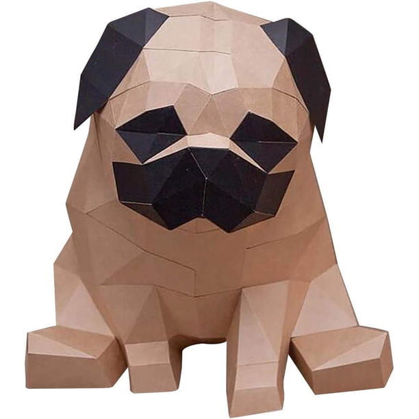 Escultura de papel 3D Pug, kit de bricolaje de papel precortado, figura de animal hecha a mano, color marrón, modelo de papel 3D DIY, decoración creativa del hogar JAMW Sencillez