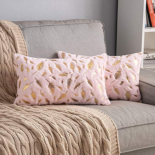 MIULEE Pack of 2 Gold Decorative Pillow Covers Soft Boho Velvet Throw Pillow Covers with Pom-poms Cute Solid Lumbar Couch Cushion Cases Set for Bed Sofa Living Room Girls Child 12x20 Inch 