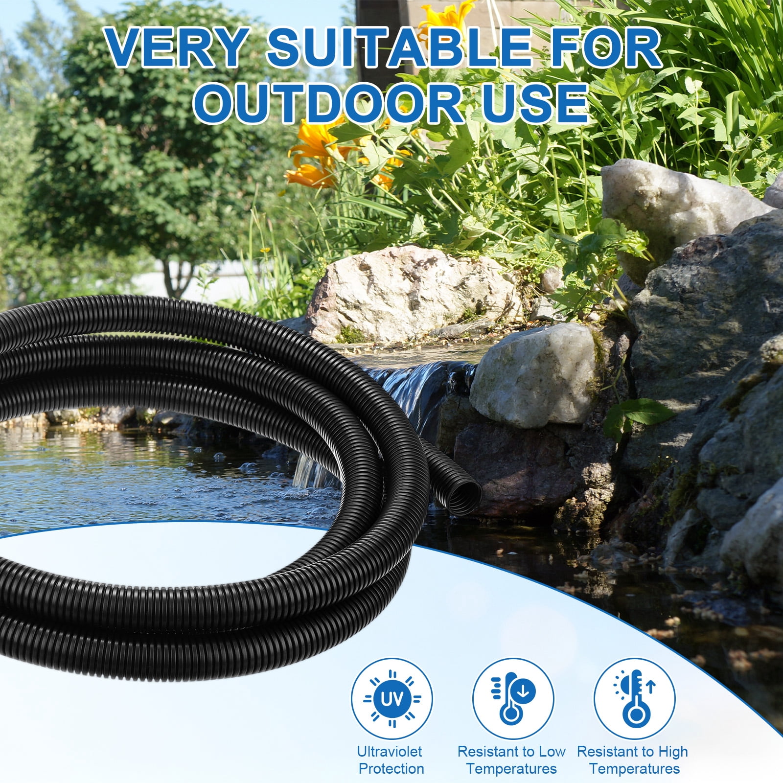 Uxcell 3/4" ID Pond Tubing, 10ft Corrugated Flexible Reinforced PP Hose Pipe Pump Tube for Garden Ponds/Waterfall Sump Pump Hose [Black]