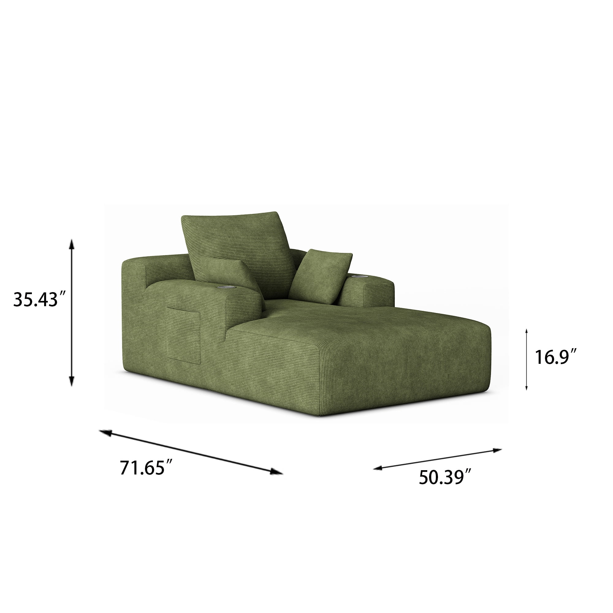 GARITIN Chaise Lounge Sofa 71 Inch, Corduroy Oversized Deep Seat Lounge Chair with Cup Holders and Storage Pocket for Living Room Bedroom, Green