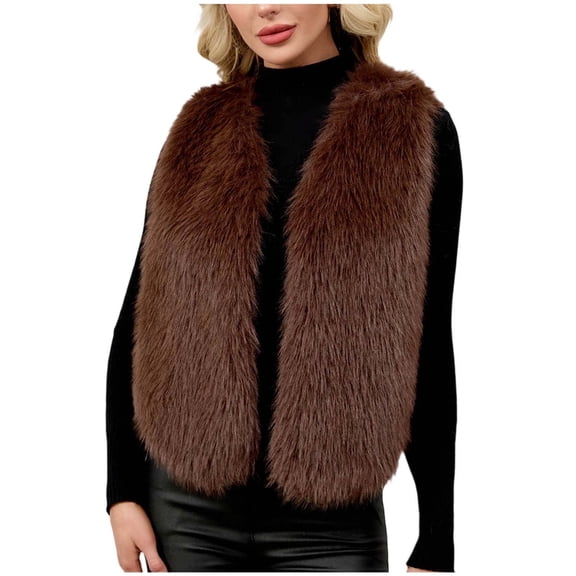 UTSJKR Womens Faux Fur Vest Solid Color Sleeveless Open Front Cardigan Top Fuzzy Coats Jacket Fluffy Outwear Coffee XXL