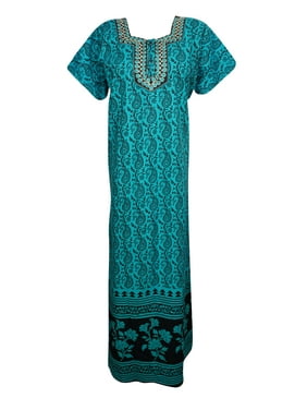 Mogul Womens Printed Nightwear Caftan Dress Short Sleeves Cotton Sleepwear Comfy Holiday Evening House Dress
