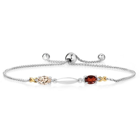 Gem Stone King 1.11 Ct Oval Peach Morganite Red Garnet 925 Silver and 10K Yellow Gold Lab Grown Diamond Bracelet for Women