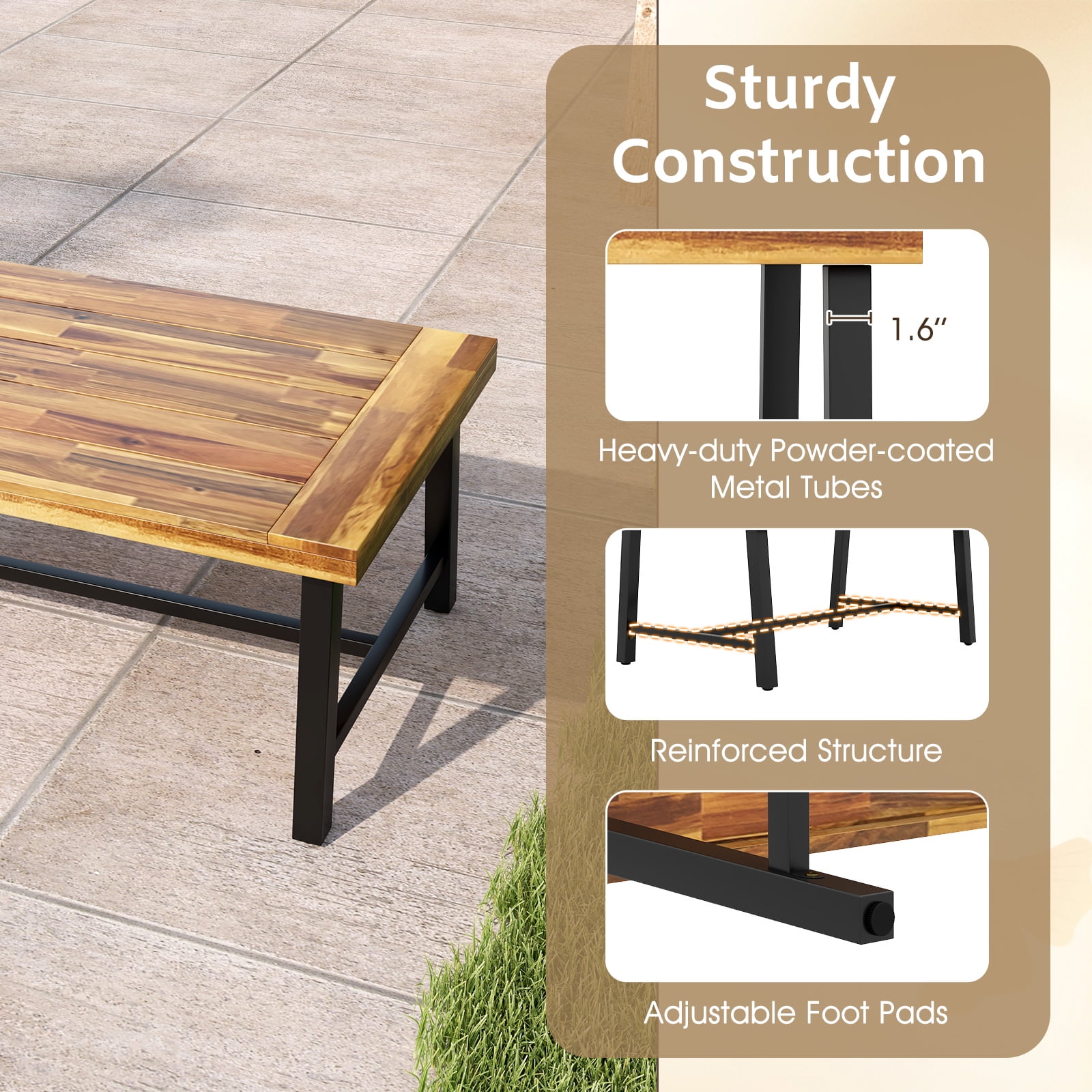 Gymax Acacia Wood Coffee Table Indoor Outdoor Rectangle Center Table w/ Thickened Top