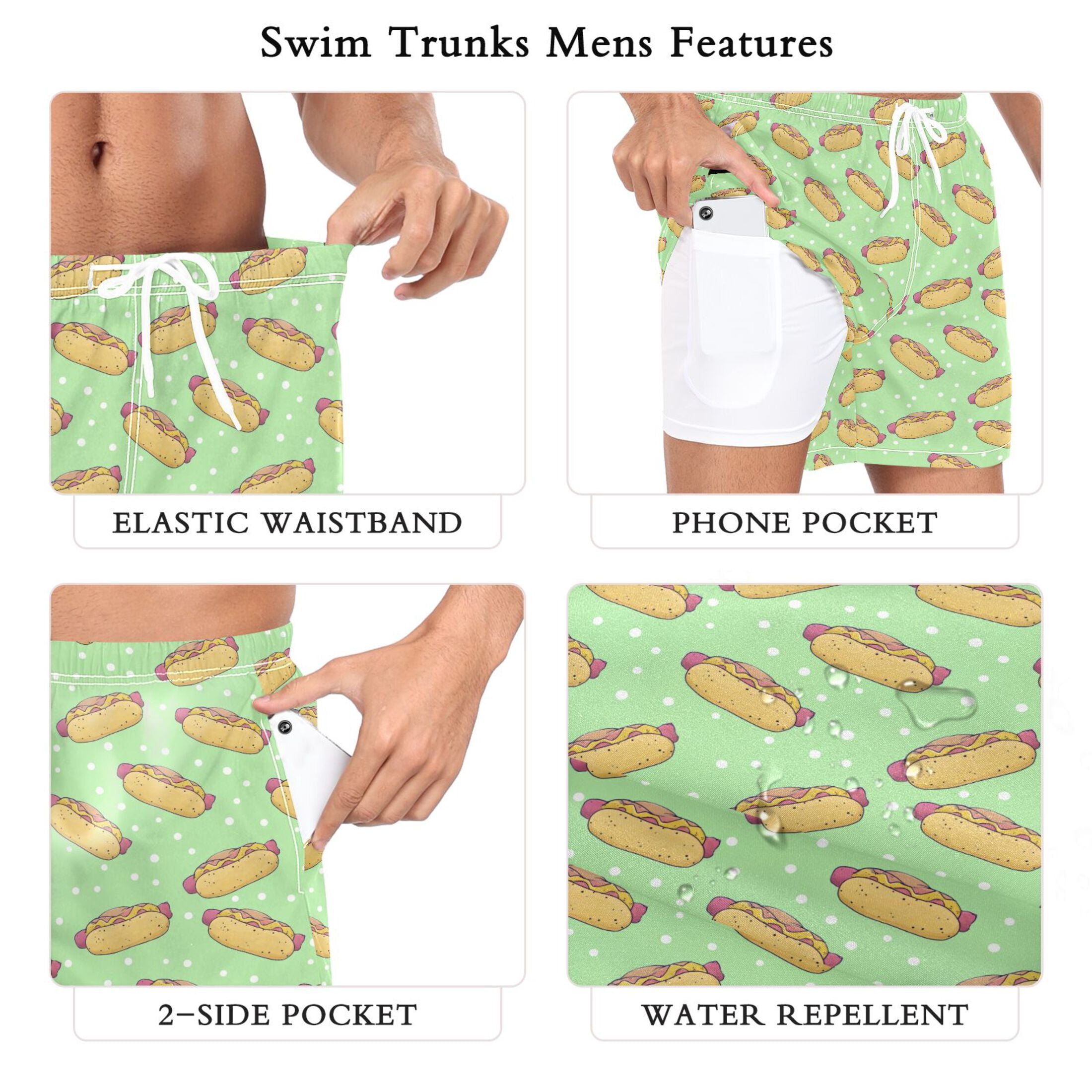 joogoo Men's Hot Dogs Swim Trunks with Liner Pocket Beach Shorts L
