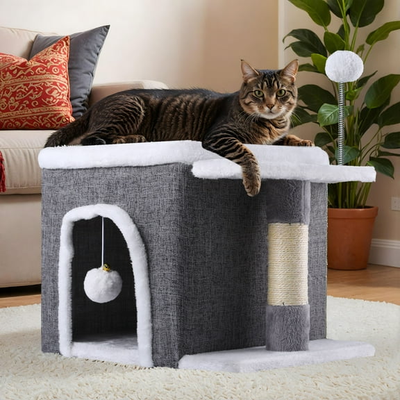 Uforic Indoor Cat Cube House with Sisal Post & Hanging Ball, Covered Cat Bed for Indoor Kittens, Gray