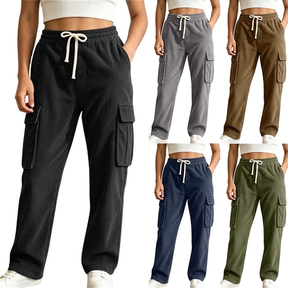 Women's Corduroy Cargo Straight Leg Pants, Breathable Lightweight Elastic Drawstring Waist Full Length Casual Trousers with Pockets for Office Work Home Casual | TruBelle,Army Green L