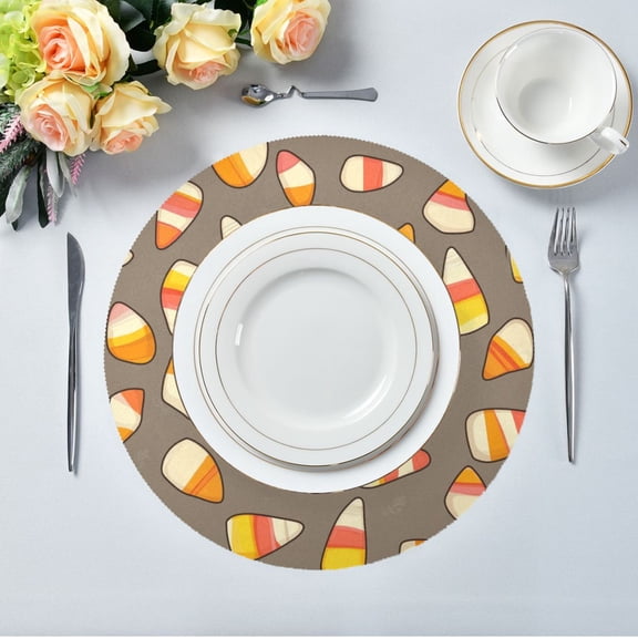 15.4" Round Placemat Set of 1 Polyester Fabric Place Mats Non-Slip Dining Kitchen Table Mats for Kitchen Party Decor Cartoon Candy Corn