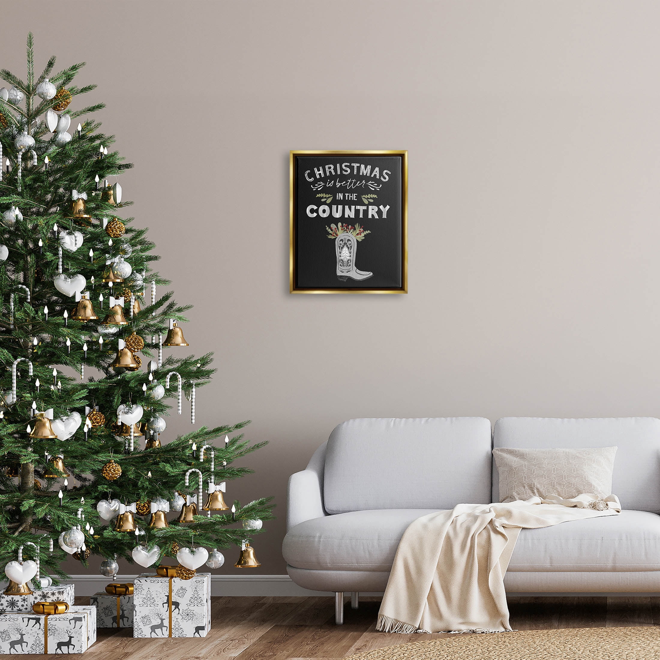 Christmas Better In Country Phrase Holiday Graphic Art Metallic Gold Framed Art Print Wall Art
