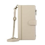 ELEHOLD Case for iPhone 7 / 8 / SE 2022 & 2020, Luxury Zipper Leather Wallet Crossbody Phone Case with Wrist Strap & Folio Stand,Beige