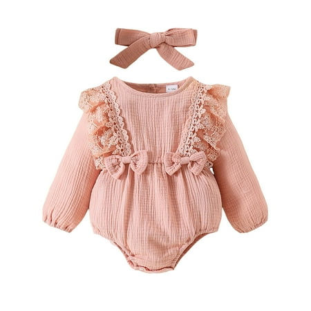 

MAI Baby Girl Fall Romper Lace Floral Long Sleeve Crew Neck Bow Jumpsuit with Headband