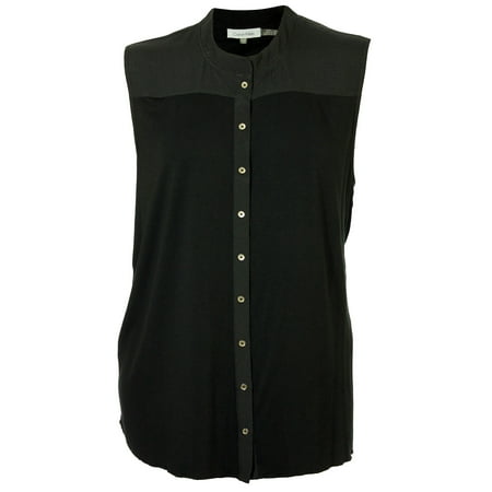 Calvin Klein Women's Plus Sleeveless Pleated Back Button Down Shirt 2x Black