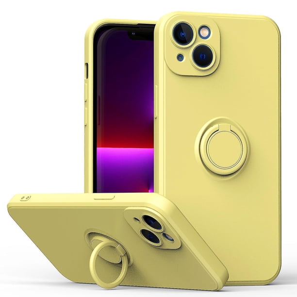 Funda de color sencillo para iPhone 14 Plus con soporte de anillo, placa metálica para carga magnética, diseño antigolpes y soporte giratorio de 360 grados.