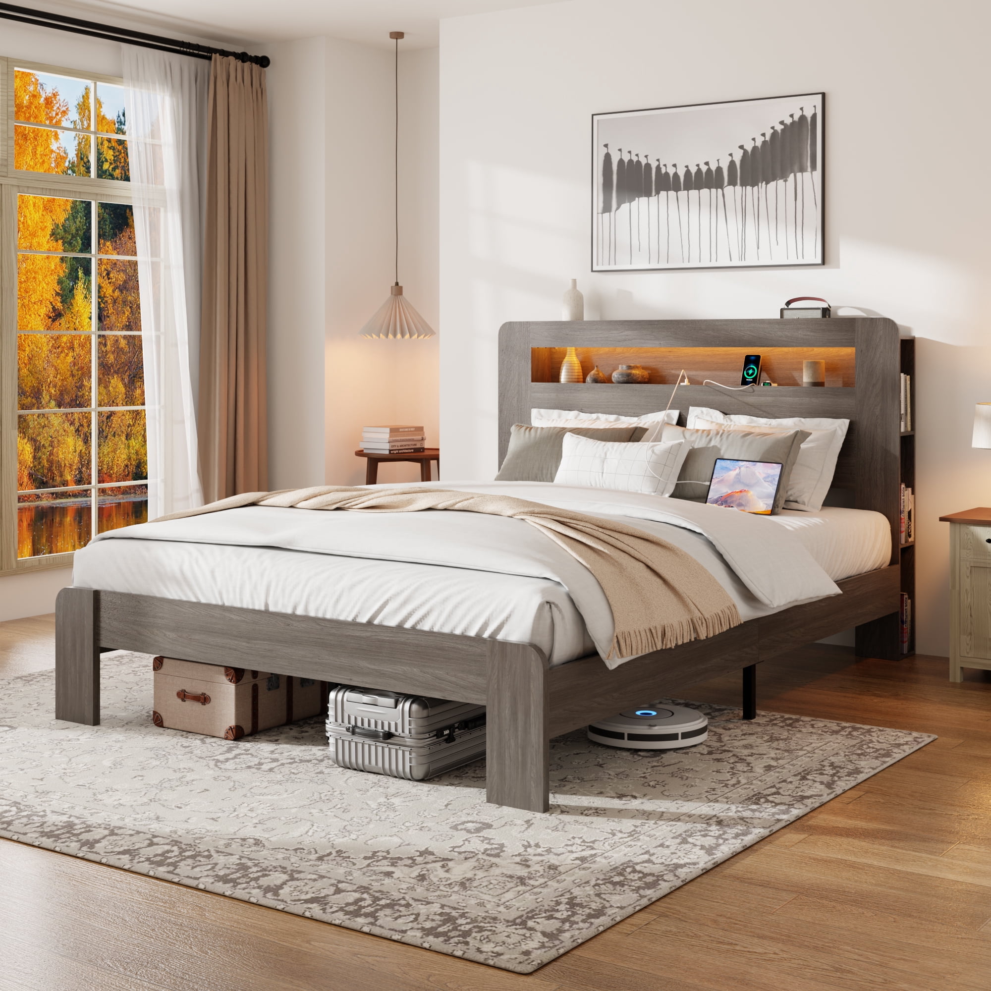 BSHTI Bed Frame with 2-Tier Storage Headboard, Wood Platform Bed Frame with Built-in Charging Station & LED, Queen Size, Vintage Grey, Platform Wood Bed for Bedroom