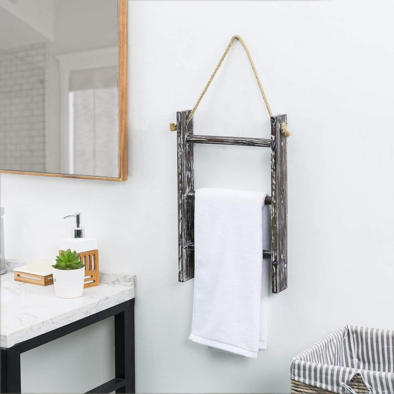 MyGift Solid Wood Wall Mounted Bathroom Shelves with Towel Bar