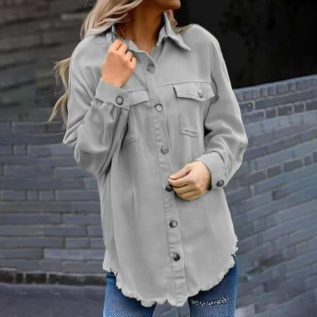 Blouses For Women Dressy Casual Washed Denim Shirt Jacket Fashion Casual Long Sleeves Chest Pockets Regular Fit Polyester Cotton 1x Gray L Size S-2XL