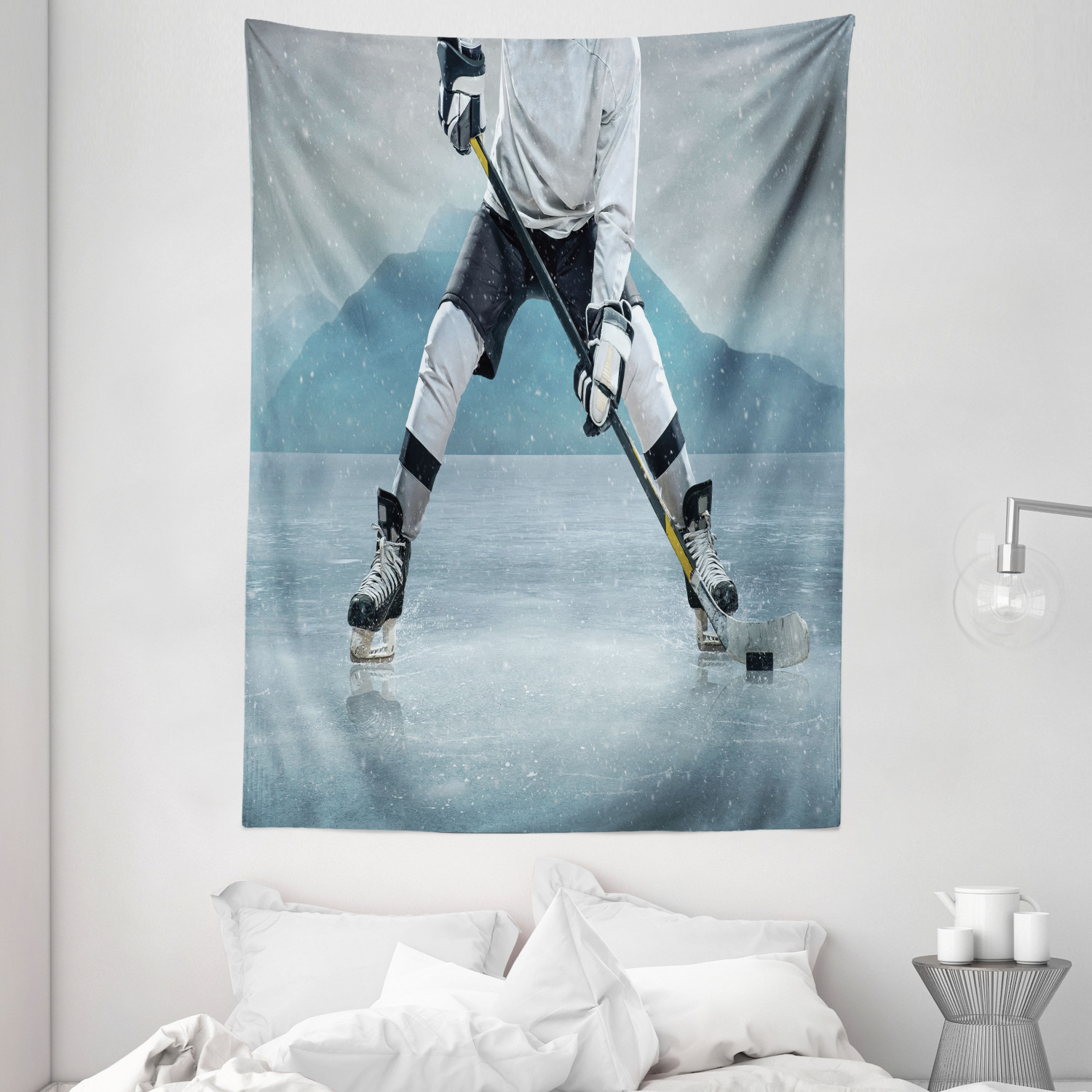 hanging hockey sticks on wall