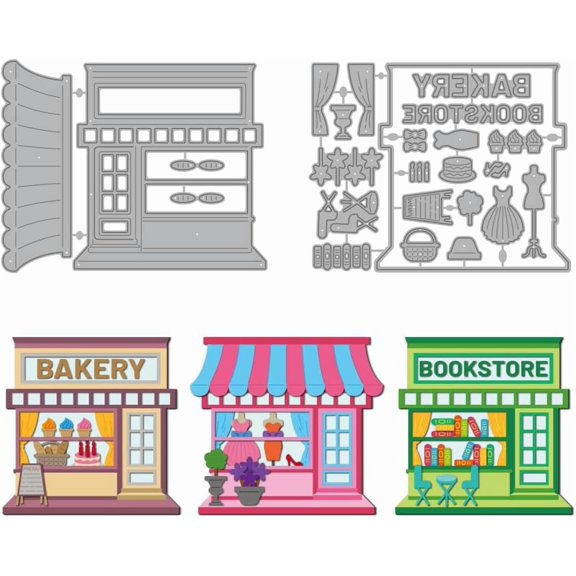 Store House Die Cuts for Card Making Bakery Bookstore Metal Cutting Dies Shopping Stores Embossing Cutting Stencil for Scrapbooking Craft Paper Birthday Card Gift Decoration