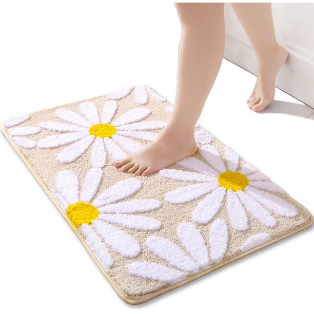 Beige Bathroom Rugs Cute Daisy Bath Mat White And Yellow Flower Decor Rug Non Slip Floor Carpet Microfiber Bathmat Super Absorbent Machine Washable Ba