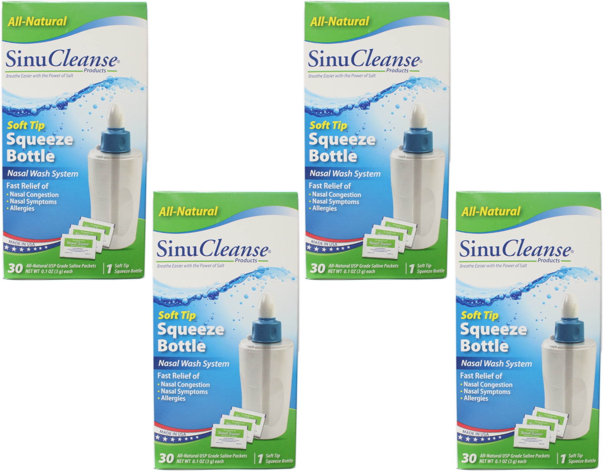 4 Pack SinuCleanse Squeeze Nasal Wash Bottle All Natural Saline 30