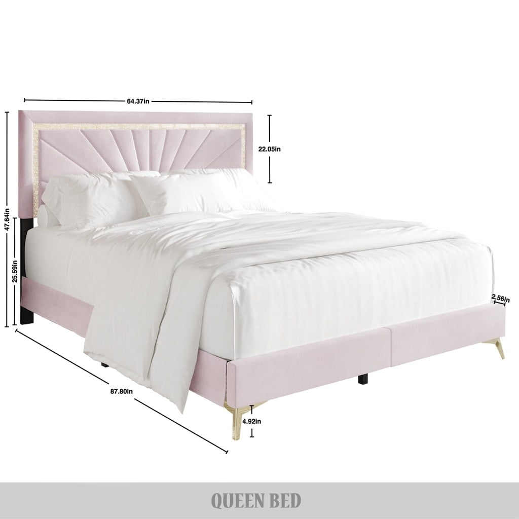 Castle Place Luxurious Diamond Strip Velvet Upholstered Bed Light Pink, Full