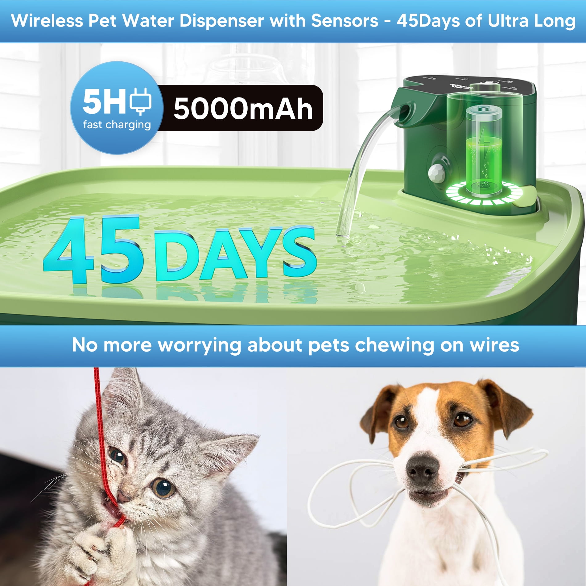 FURCLAN Large Dog Water Fountain 8L/2.1Gal Capacity, Wireless Automatic Pet Water Dispenser with Motion Sensor, Quiet Circulating Waterer for Multi-Pet Home, Green