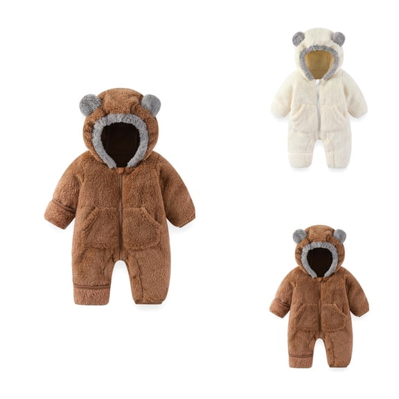 Baby Bear Hooded Romper Jumpsuit Winter Snowsuit Outfit With Fold Over Mittens And Footies For Girls Boys